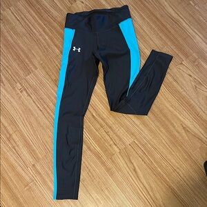 Under Armour Black Leggings with Blue Stripes Heatgear